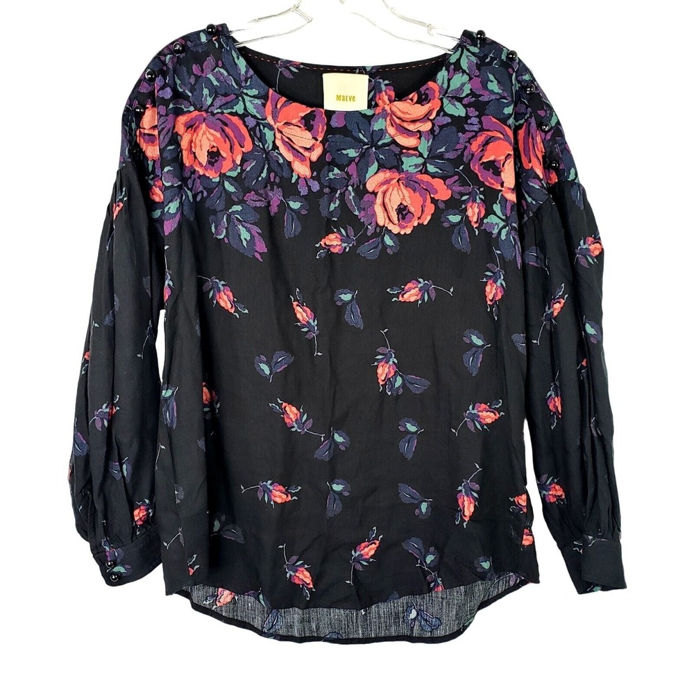 Maeve Anthropologie‎ Womens Small Black Floral Blouse Top Long Sleeve Button